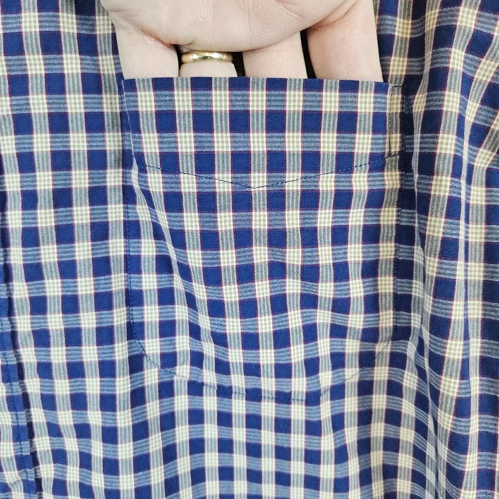 J Crew Secret Wash Shirting Size‎ L Slim Fit Blue & Beige Checks Organic Cotton